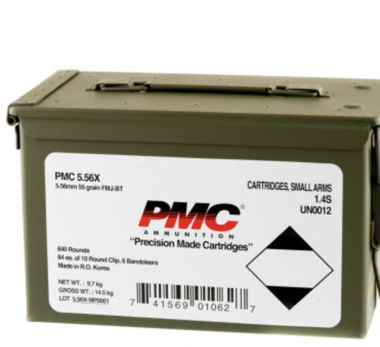 840 Rounds of 55gr FMJBT 5.56x45 Ammo by PMC in Bandolier in Ammo Can